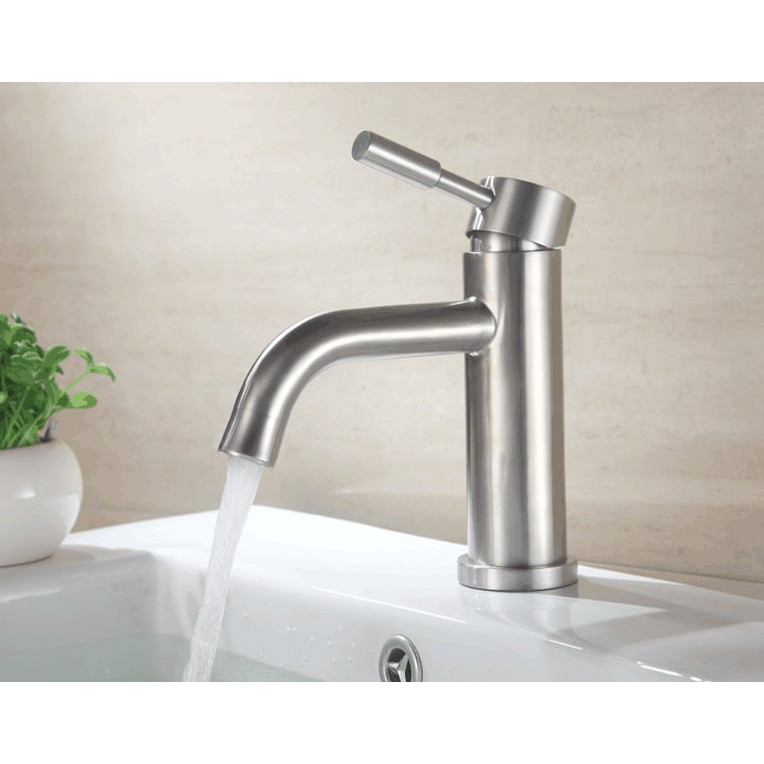 Vòi Lavabo nóng lạnh trụ tròn vòi cong SUS304 + 2 dây cấp
