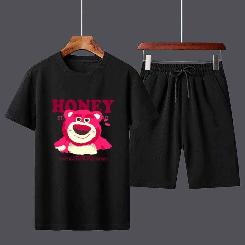 Đồ mặc nhà GẤU DÂU HONEY mùa hè Dáng Thể Thao Chất Vải Thun Độ Co Giãn Nhẹ + Bộ Đồ Nam nữ Mang Phong Cách Hàn Quốc