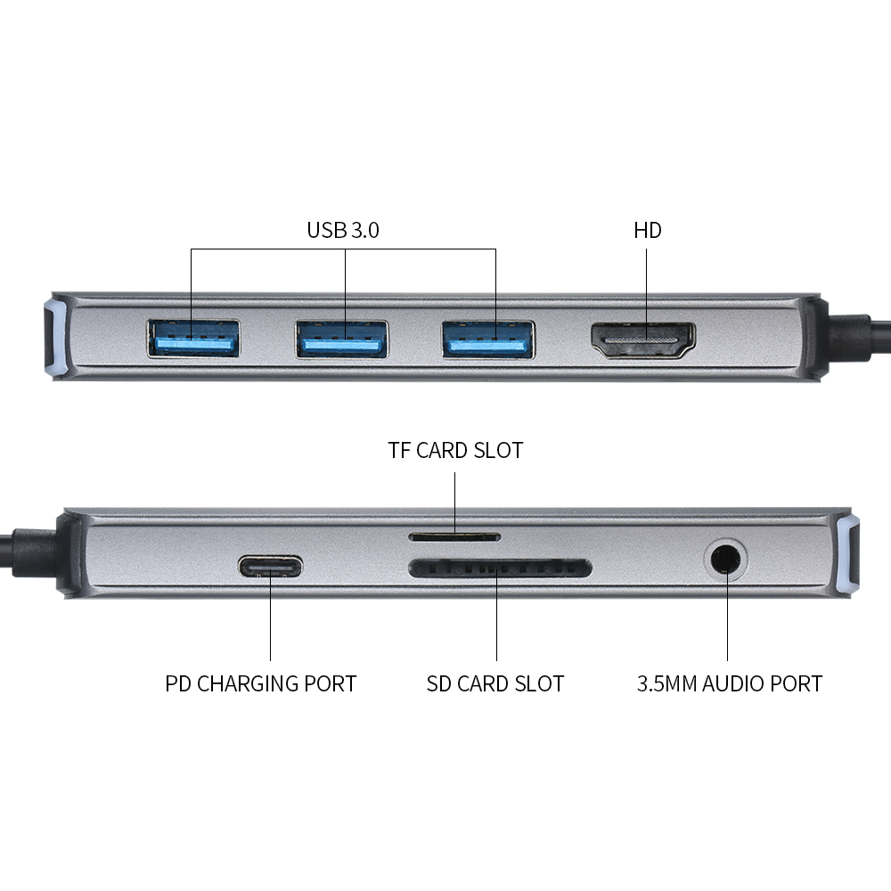 Bộ chuyển đổi Type-C 8 trong 1 Hub Type-C sang HD 4K@30Hz/USB3.0/87W PD Quick Charge / Đầu đọc thẻ TF & SD / Chức năng OTG / Âm thanh 3,5 mm
