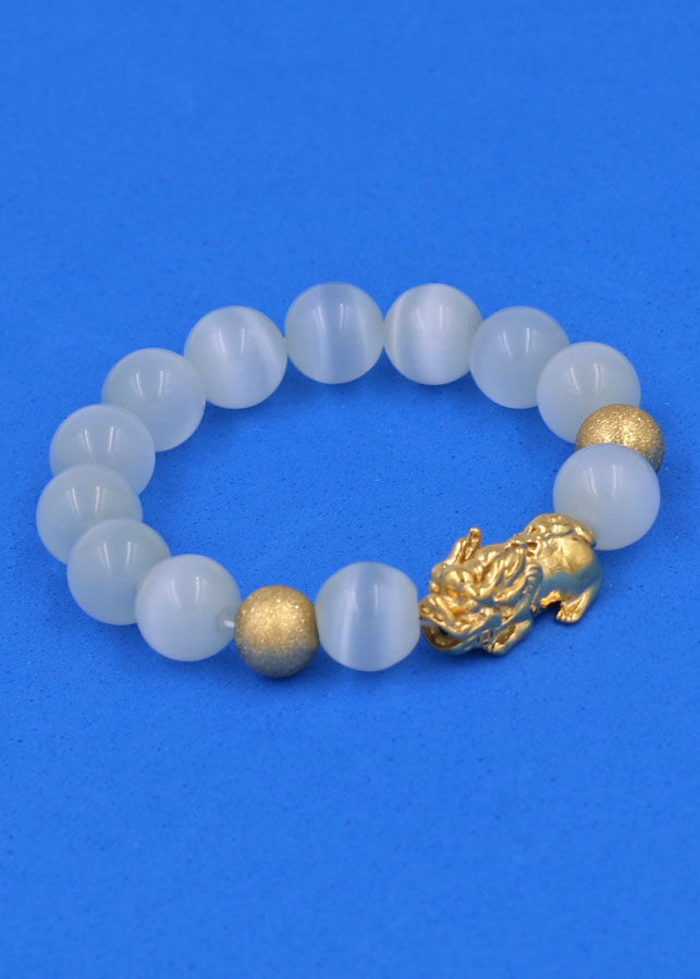 Vòng tay Đá Mắt Mèo Trắng 12 ly - cẩn Tỳ Hưu Phong Thủy inox vàng VMETTHHBV12 - hợp mệnh Kim, mệnh Thủy