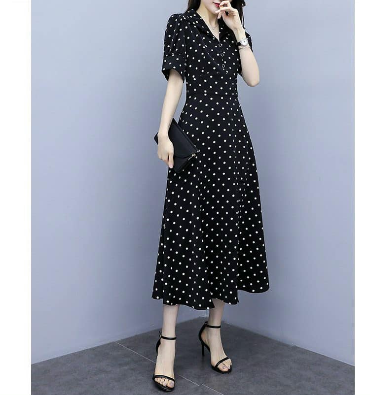 ĐẦM XOÈ CHẤM BI TAY LỠ CỔ SƠ MI