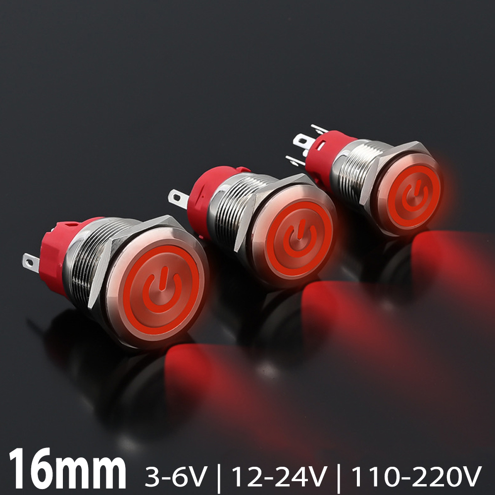 Nút công tắc nguồn nhấn Tự Khóa 16mm Vỏ INOX chống nước, Biểu tượng Nguồn LED