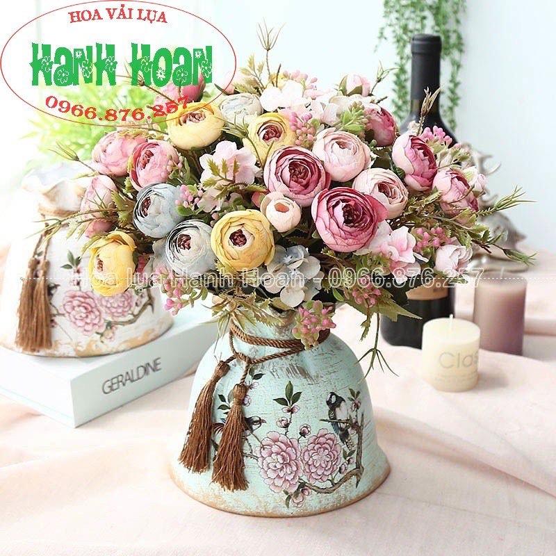 Hoa Giả - Cụm hoa Hồng trà gấm phong cách vintage siêu xinh