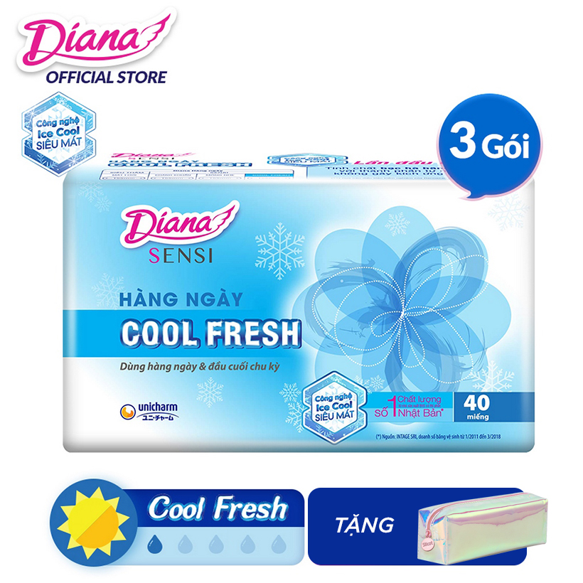 Bộ 3 Gói Băng Vệ Sinh Diana Hàng Ngày Sensi Cool Fresh (40 Miếng/Gói) Tặng Ví Hologram