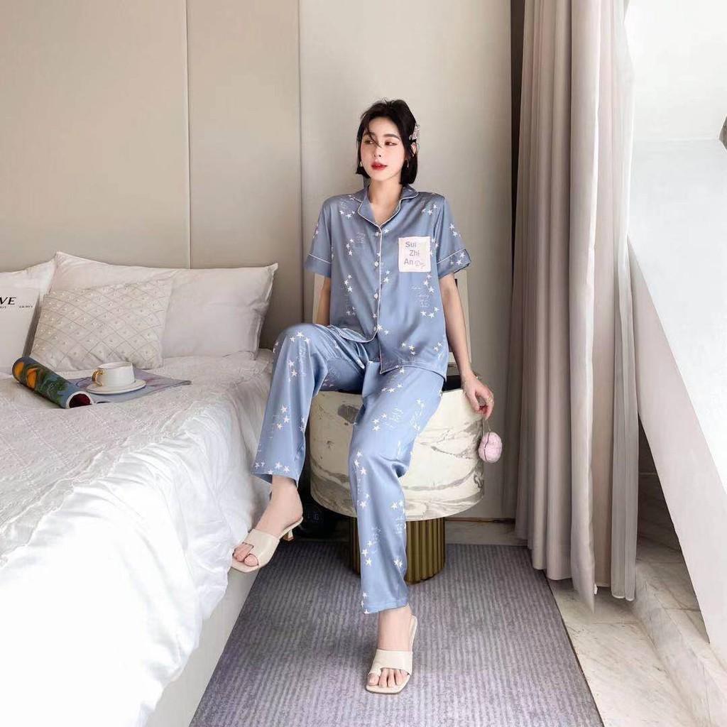 Bộ Pijama lụa cộc tay màu xanh tươi mát