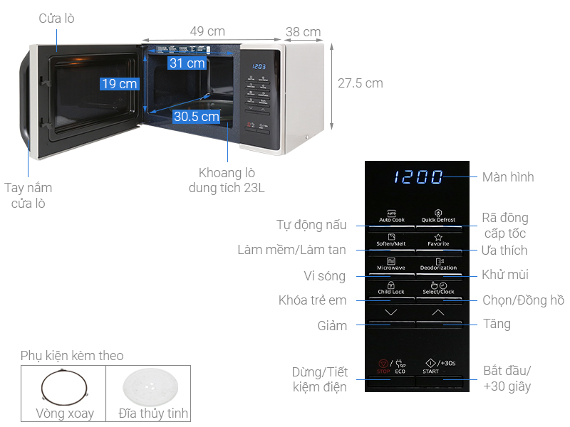 Lò vi sóng tráng men Samsung Dòng vi sóng 23L (MS23K3513AS) | Rã Đông Nhanh Chóng | Khoang lò tráng men CERAMIC INSIDE - Hàng chính hãng