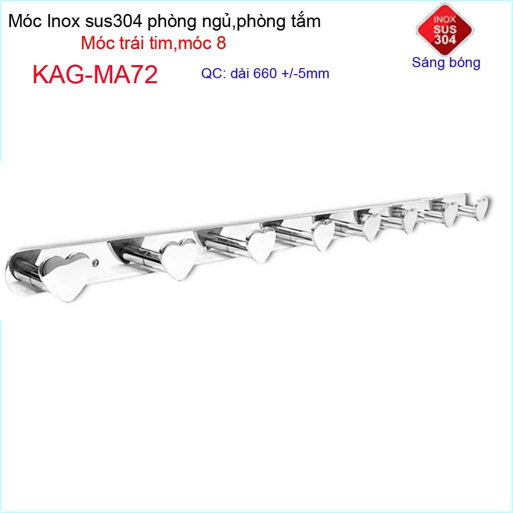 Móc treo quần áo inox 304 cao cấp dày, móc tim Kace 8 móc treo đồ nhà tắm KAG-MA72