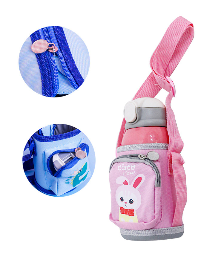 Cốc Bình Giữ Nhiệt Nóng Lạnh Cho Bé /Trẻ Em Đi Học 500ml+Kèm Túi Đựng 2 lớp Có Cốc Hình Khủng Long