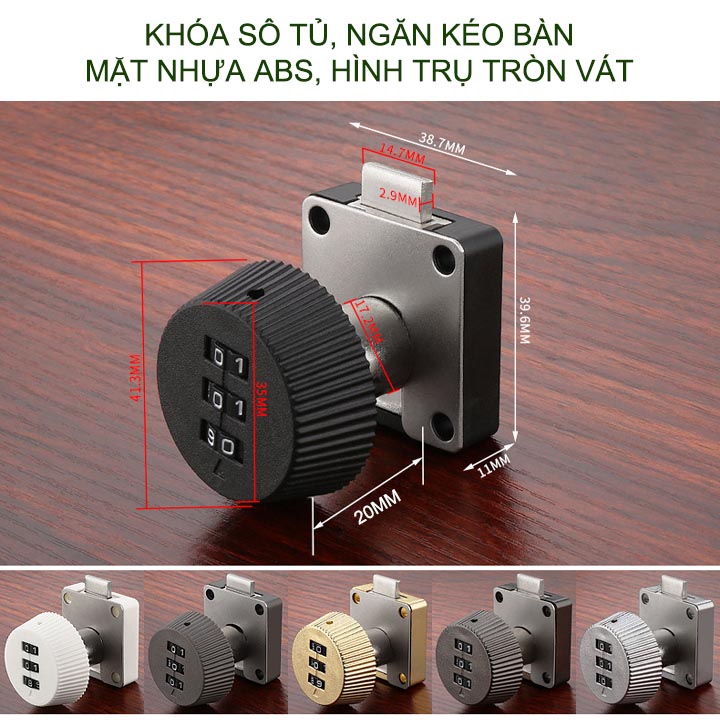 Khóa số ngăn kéo bàn, tủ, loại mặt tròn vát ABS20V dài 20mm với 3 mã số có thể thay đổi được