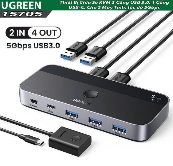 Thiết Bị Chia Sẻ 2 cổng USB 3.0 chia sang 4 cổng (3 USB A 3.0 + USB-C)  Ugreen 15705 - Hàng chính hãng