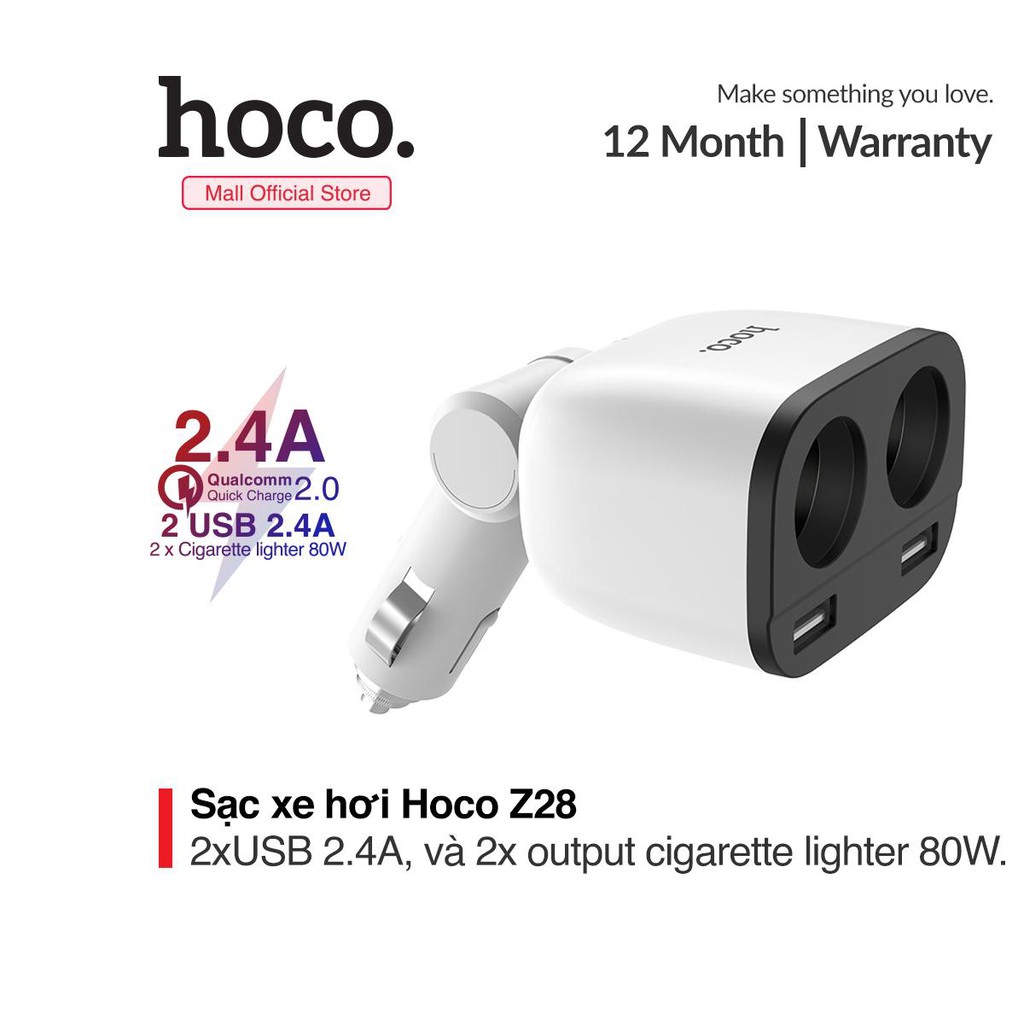 Bộ chia tẩu sạc dùng cho ô tô, xe hơi nhãn hiệu Hoco Z28 với 2 lỗ tẩu sạc kết hợp 2 cổng USB, Đầu vào: DC12 - 24V, Tổng đầu ra 2 cổng USB: DV5V/3.1A Max, Đầu ra 2 lỗ tẩu sạc: 80W Max-Hàng chính hãng