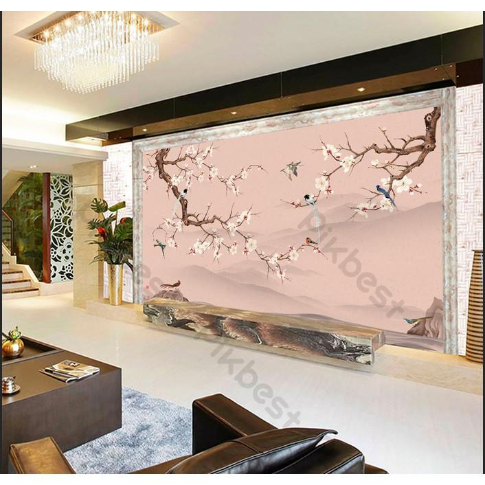 Tranh dán tường Hoa anh đào nở rộ và đàn chim, Tranh 3d dán tường hiện đại MS652473