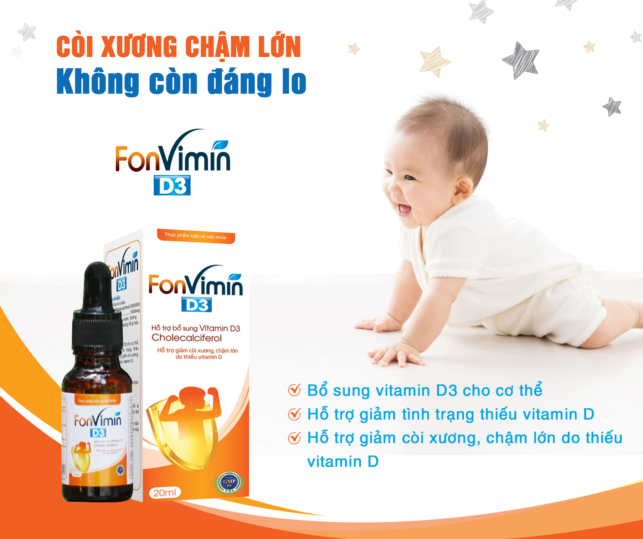 Hỗ trợ giảm còi xương, tăng cường hấp thu canxi Vitamin D3 (Hộp/chai nhỏ giọt 20ml)