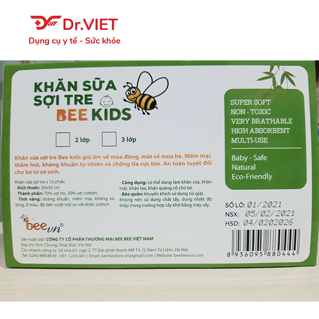 Khăn sữa sợi tre Bee Kids chính hãng thương hiệu Beevn (Hộp 10 cái) - Khăn em bé mềm mịn, kháng khuẩn an toàn cho trẻ