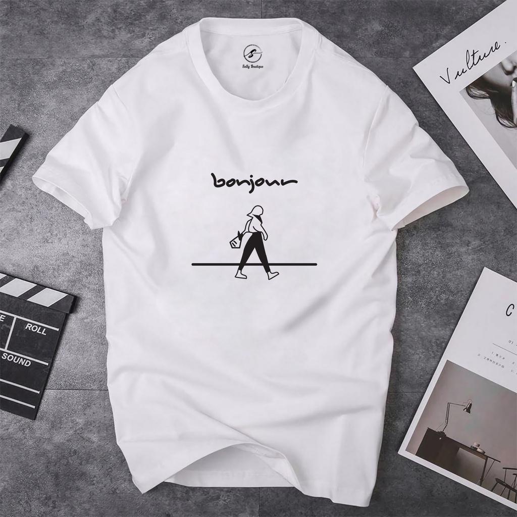 Áo Thun Nữ In Chữ Bonjour Chất Cotton Co Giãn Thấm Hút Mồ Hôi Tốt Form Suông Mặc Đẹp Thoải Mái-ST017 Sally Boutique