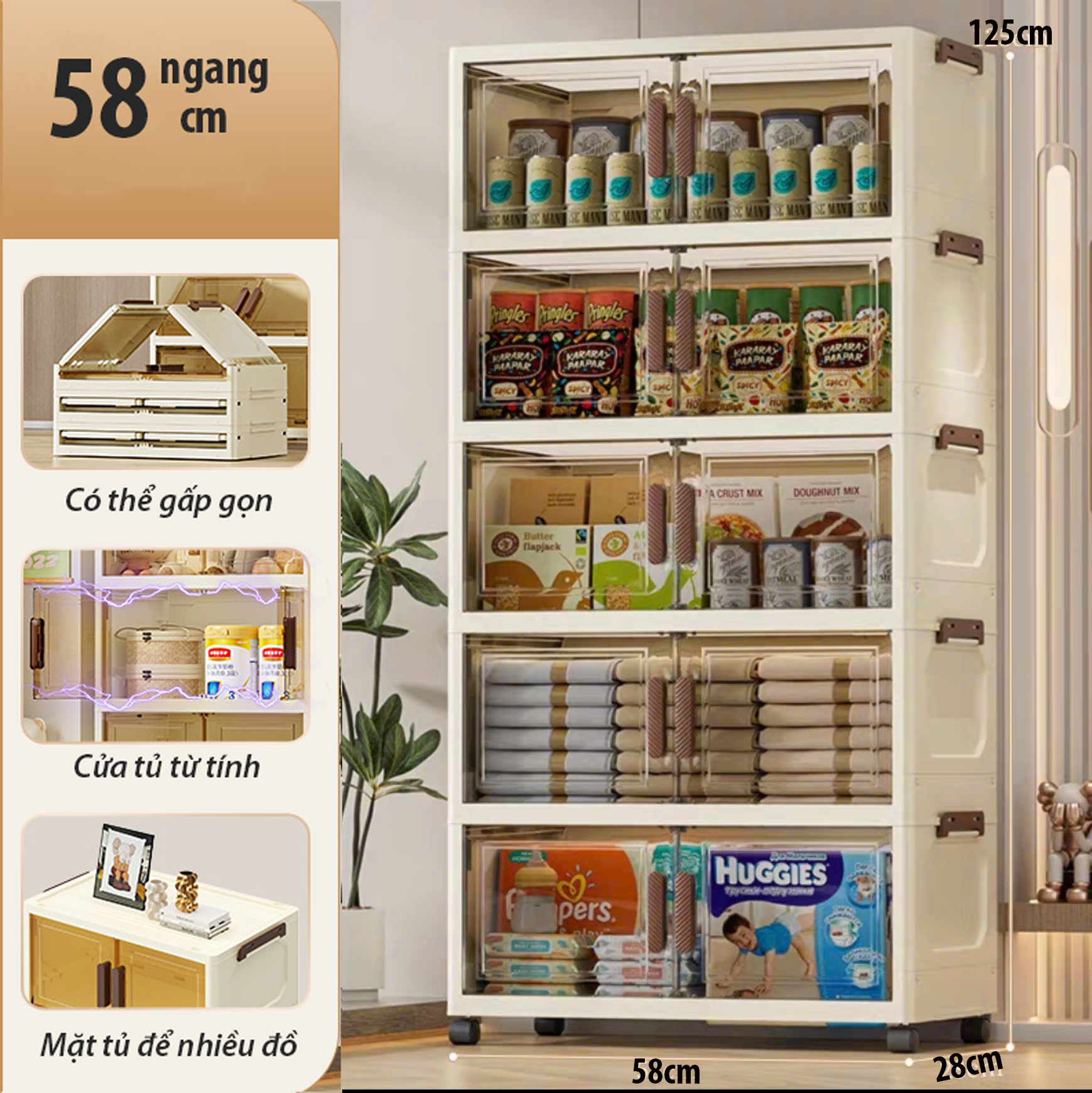 Nubie Tủ Nhựa Gấp Gọn Ngang 58cm, Tủ Đựng Đồ Đa Năng Lắp Ghép, Hộp Đựng Quần Áo, Nhựa PP, Có Bánh Xe