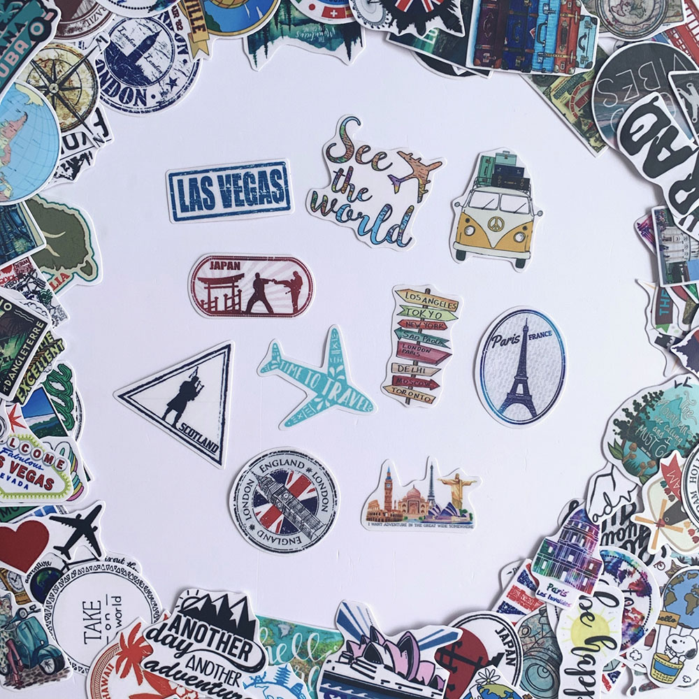 Bộ 100 Sticker Travel Du Lịch Hình Dán Trang Trí Vali Chống Nước Decal Chất Lượng Cao Xe Đạp Xe Máy Xe Điện Motor Laptop Nón Bảo Hiểm Máy Tính Học Sinh Tủ Quần Áo Nắp Lưng Điện Thoại