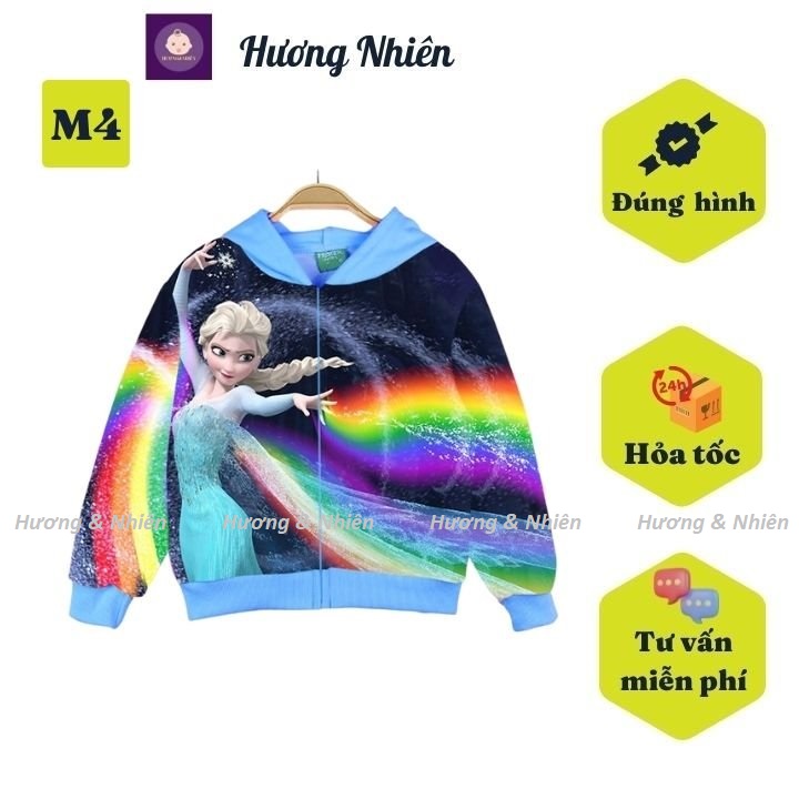 Áo khoác bé gái hình elsa từ 10-43kg. Ao chống nắng chất liệu thun da cá thấm hút mồ hôi
