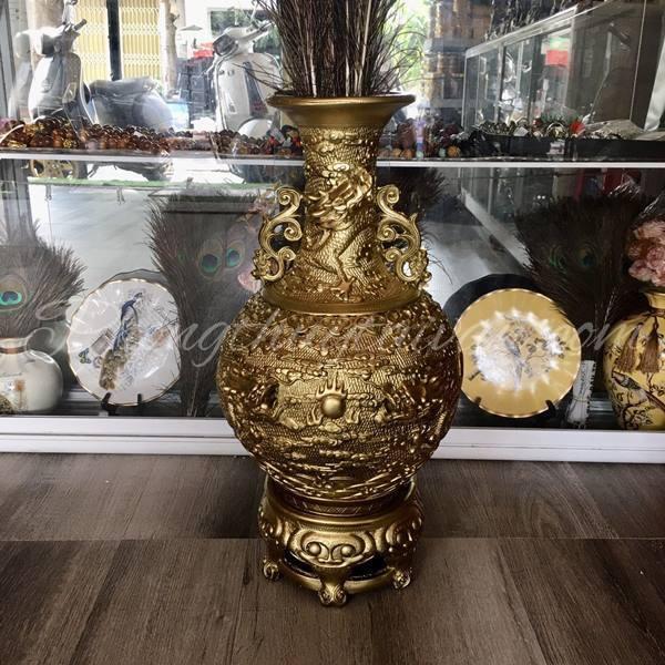 Bình hoa lớn DẠ CỔ màu đồng cao 52 cm lông công,hoa