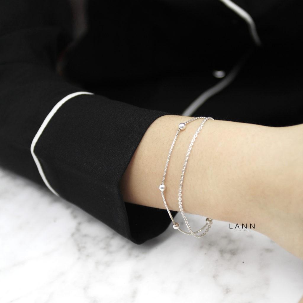 Lắc Tay bạc 2 Dây Xích Hạt Tròn Cách S925 LANN