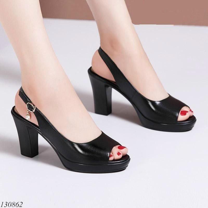 Giày sandal đế xuồng nữ 7cm,giày xăng-đan da cao gót quai ngang gót cao 7 phân trắng đen siêu nhẹ