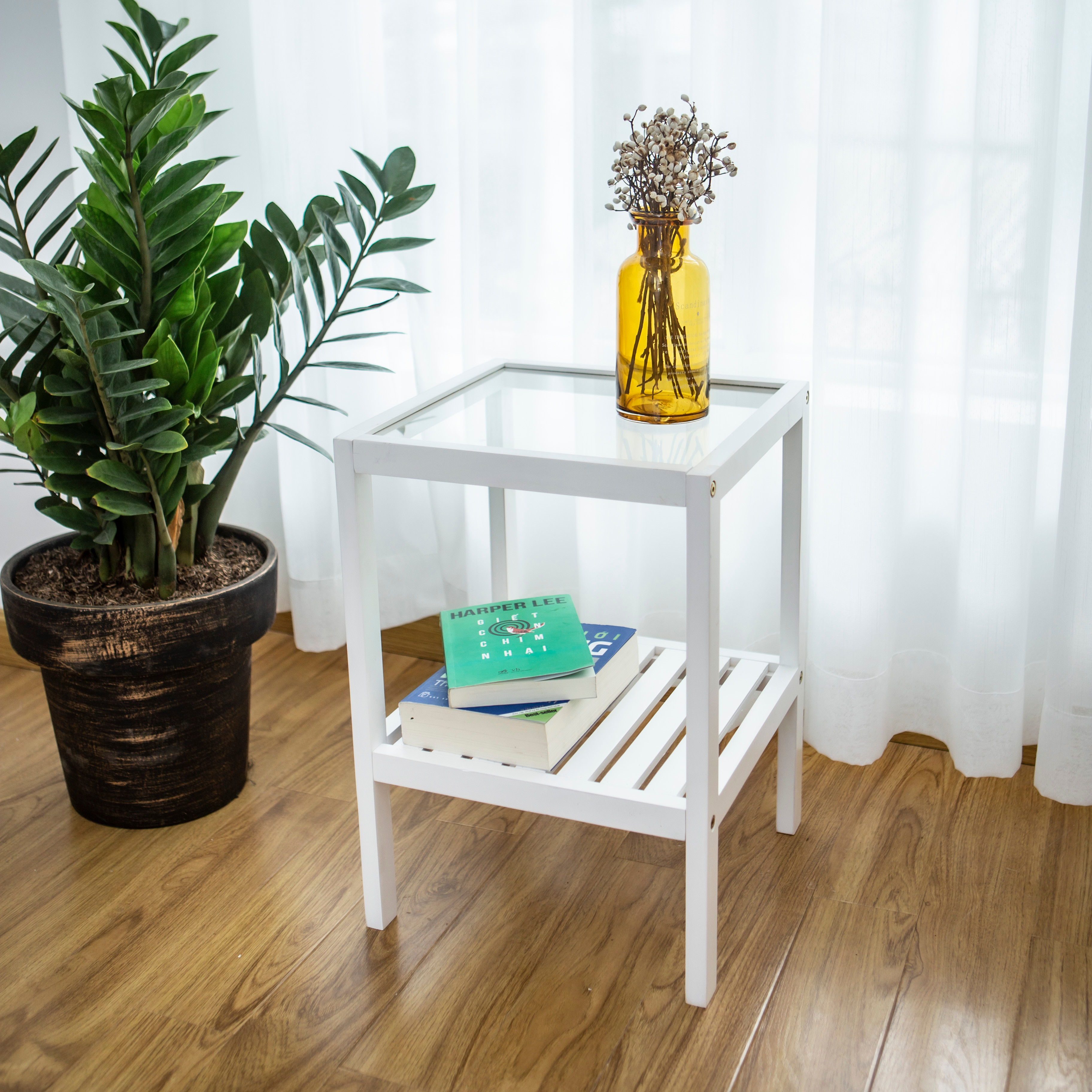 KỆ KÍNH TRANG TRÍ LẮP RÁP HÀN QUỐC MÀU TRẮNG - GLASS SHELF WHITE