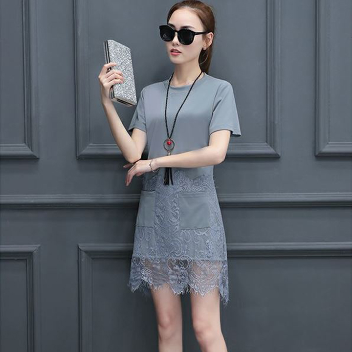 Váy Nữ Xuông Phối Ren Dáng Chữ A, 100% Cotton Phối Ren, 4 Màu Lựa Chọn, Thời Trang Công Sở Dạo Phố
