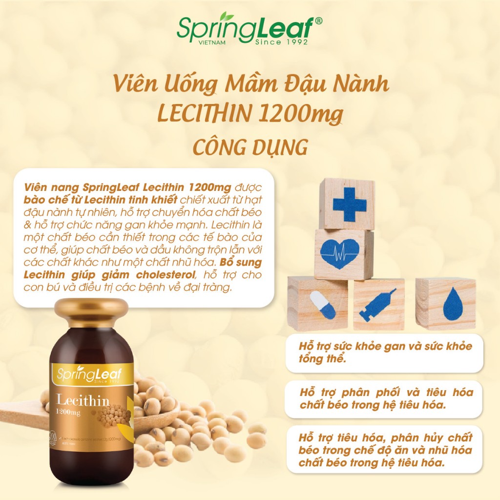 Viên uống tinh chất mầm đậu nành cải thiện hệ tiêu hóa, hỗ trợ sức khỏe gan, sức khỏe tổng thể SpringLeaf Lecithin 1200mg 200 viên