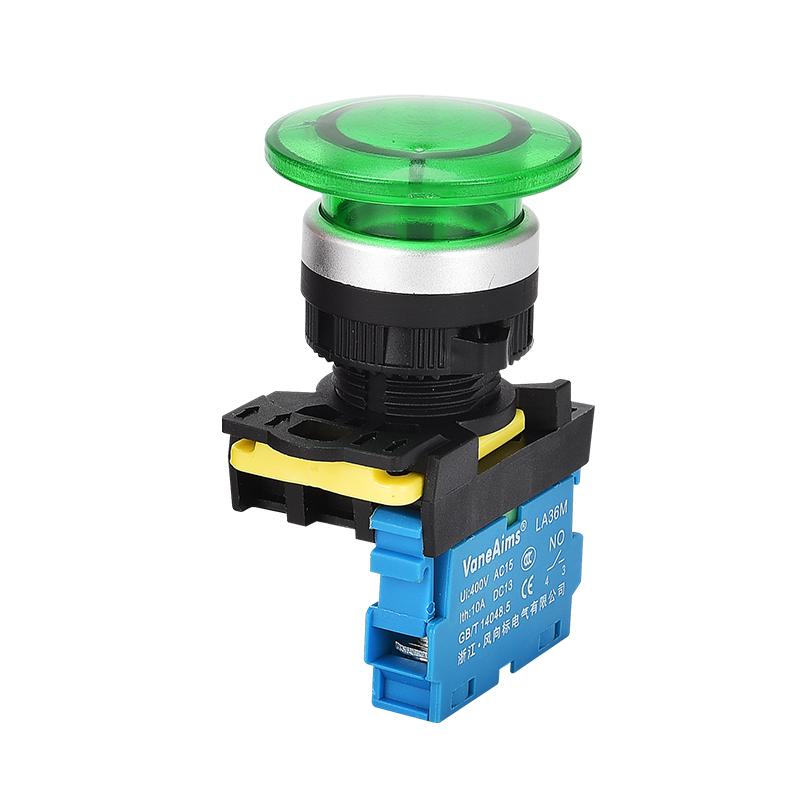 Công tắc nút nấm 22MM LA36M với LED Latching Tự thiết lập lại Nút ấn nút chuyển đổi màu đỏ 12V 24V 110V 220V