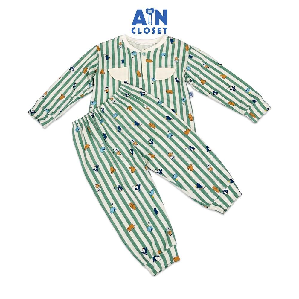 Bộ quần áo Dài bé trai họa tiết Chim Cánh Cụt Kẻ Xanh thun cotton - AICDBT4PTOJK - AIN Closet