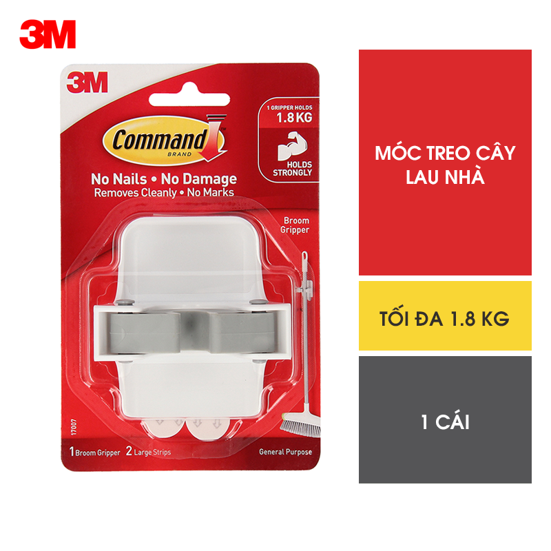 Móc dán tường treo chổi, cây lau nhà Command 3M chịu lực 1.8kg - Dễ sử dụng, độ bền cao, bám cực chắc, tháo cực dễ 17007