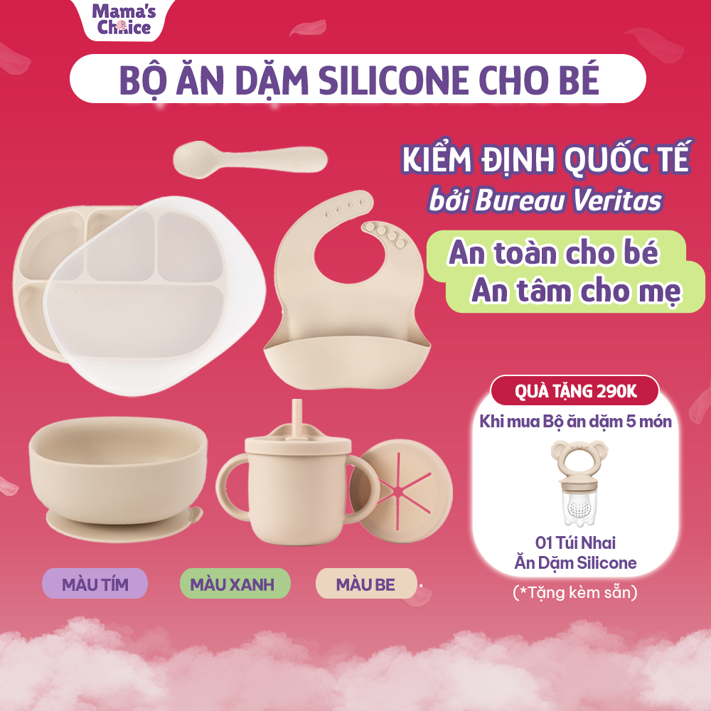 Bộ Ăn Dặm Cho Bé Thương Hiệu Mamas Choice, Combo Ăn Dặm Bát-Khay-Yếm-Thìa-Cốc Silicone Cao Cấp – Bộ Đầy Đủ 5 Món – Màu Xanh