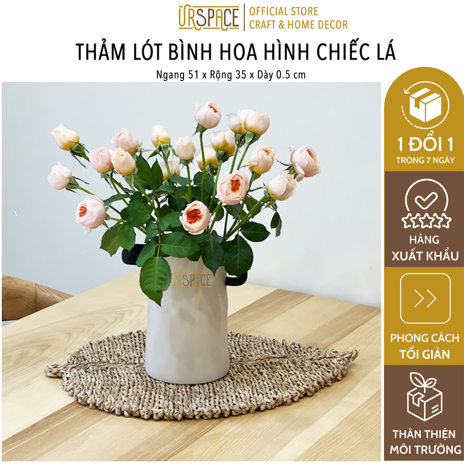 Thảm cói URSPACE lót bình hoa, lót đĩa hình chiếc lá trang trí decor treo tường