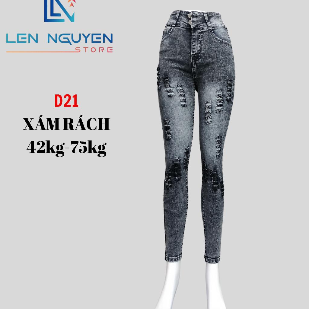 D21_Quần jean nữ, dài, lưng cao, quần bò nữ dáng ôm, quần rin nữ có big size, cho 42kg đến 75kg,LEN NGUYEN STORE - Xám Rách