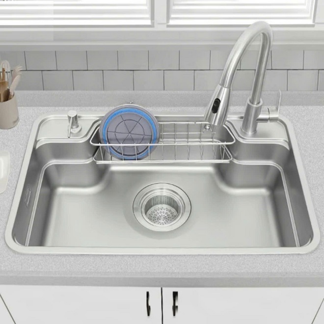 Chậu rửa bát inox304 chống xước 78x48cm nguyên khối không hàn, bộ xả 18cm, khay inox, thớt inox-Hàng chính hãng