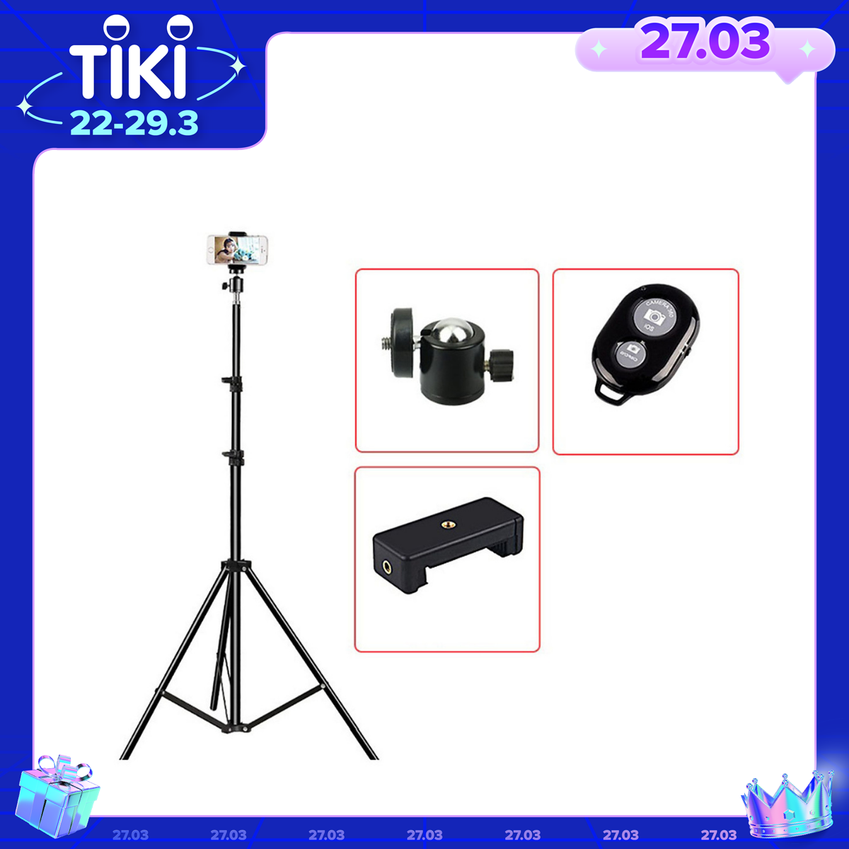 Bộ livestream, chân tripod tự sướng, quay titok dùng cho điện thoại và máy ảnh có remote bluetooth, đầu kẹp xoay 360 độ