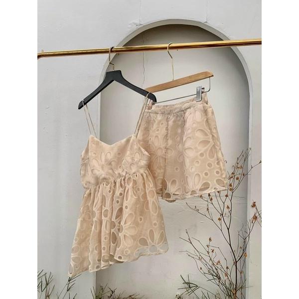 Set áo ren peplum 2 dây quần short xanh