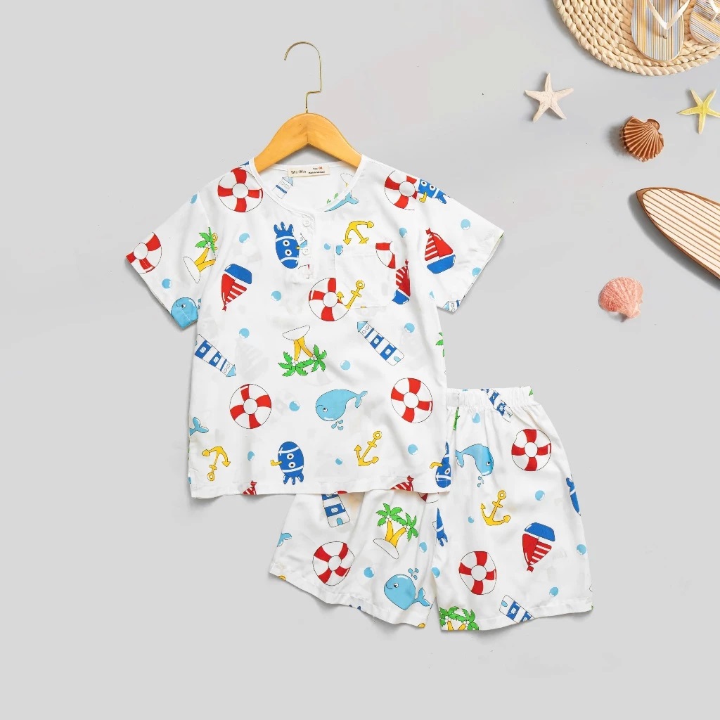 Bộ Pyjama Bé Trai, Đồ Bộ Ngủ Bé Trai Ngắn Tay Chất Tôn Mềm Mát Thoải Mái Mặc Ở Nhà Hoạ Tiết Biển Từ 8-40kg Dành Cho Bé Trai