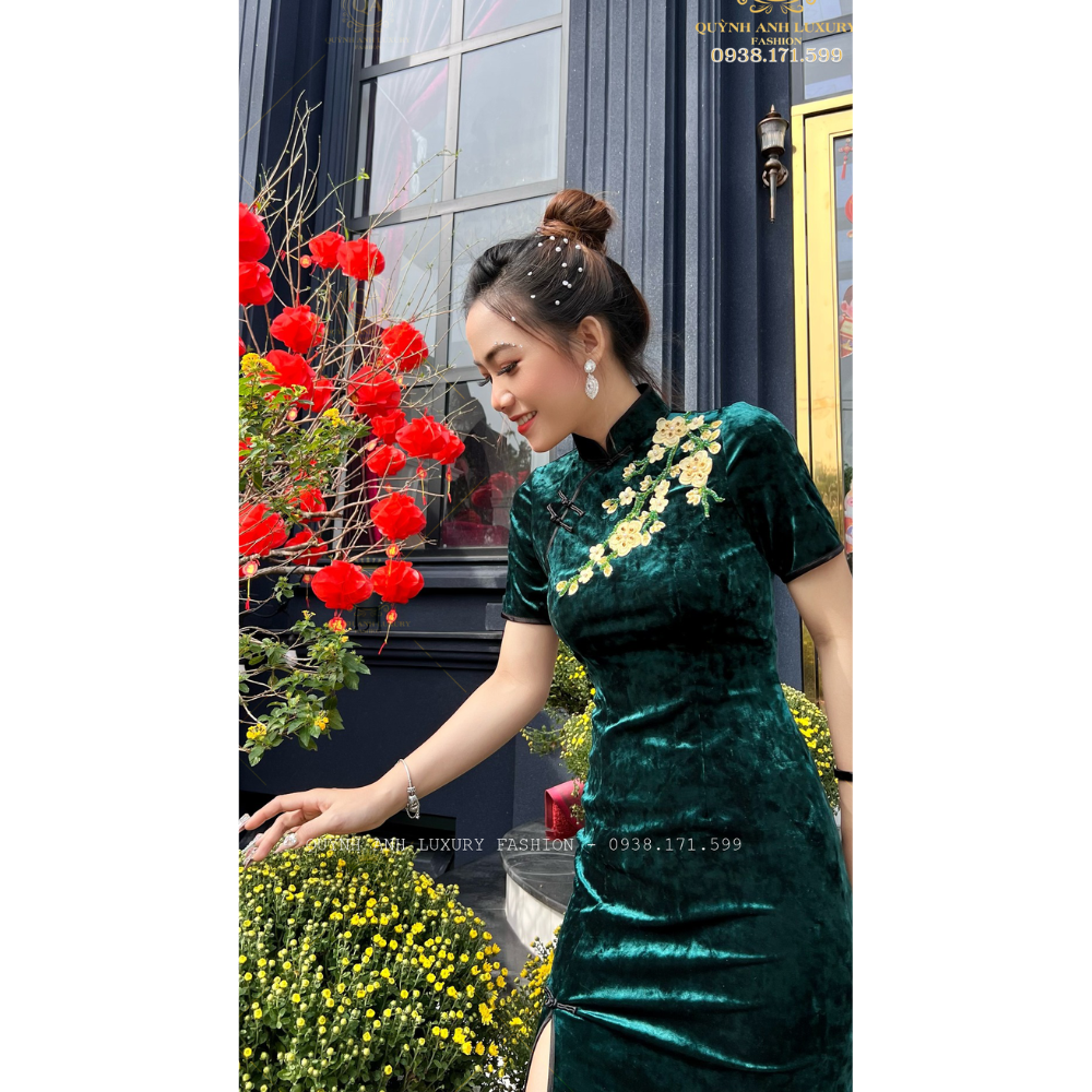 Đầm Sườn Xám Lụa Nhung Tuyết Xanh Rêu Trung Hoa Sang Trọng Nenito Dress