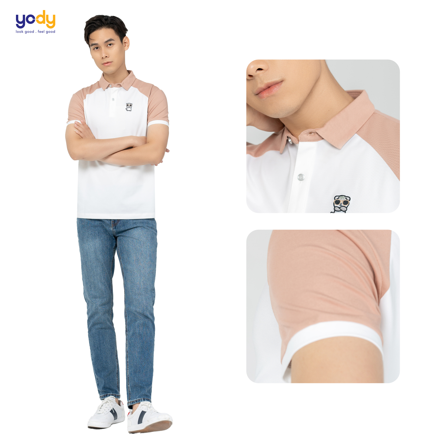 Áo polo nam YODY phối màu, thêu hình panda, chất vải Airmax thông thoáng mềm mại APM5417