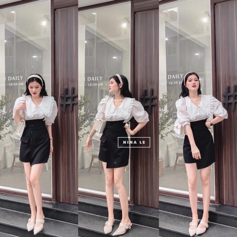 Set áo bèo trắng + chân váy đe vạt lệch siêu cá tính