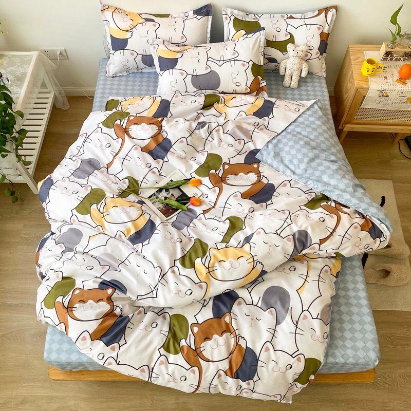Bộ chăn ga gối Cotton poly M2T bedding vỏ chăn mền, drap ga giường và 2 vỏ gối nằm họa tiết mèo nhí nhố