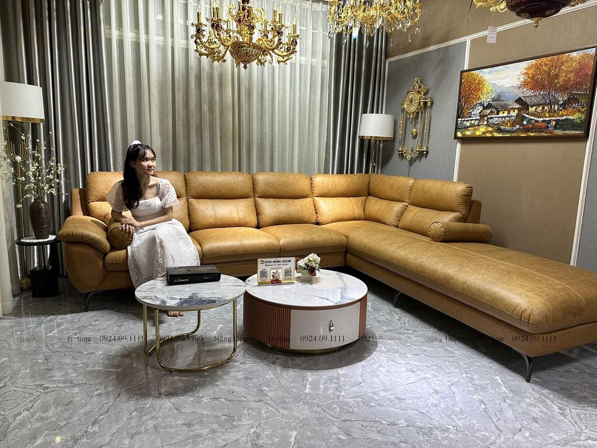 Sofa góc L da bò Italy Juno sofa màu vàng bò – SFLCT01 3m3 x 2m8 hàng cao cấp chuẩn da bò nhập khẩu Ý