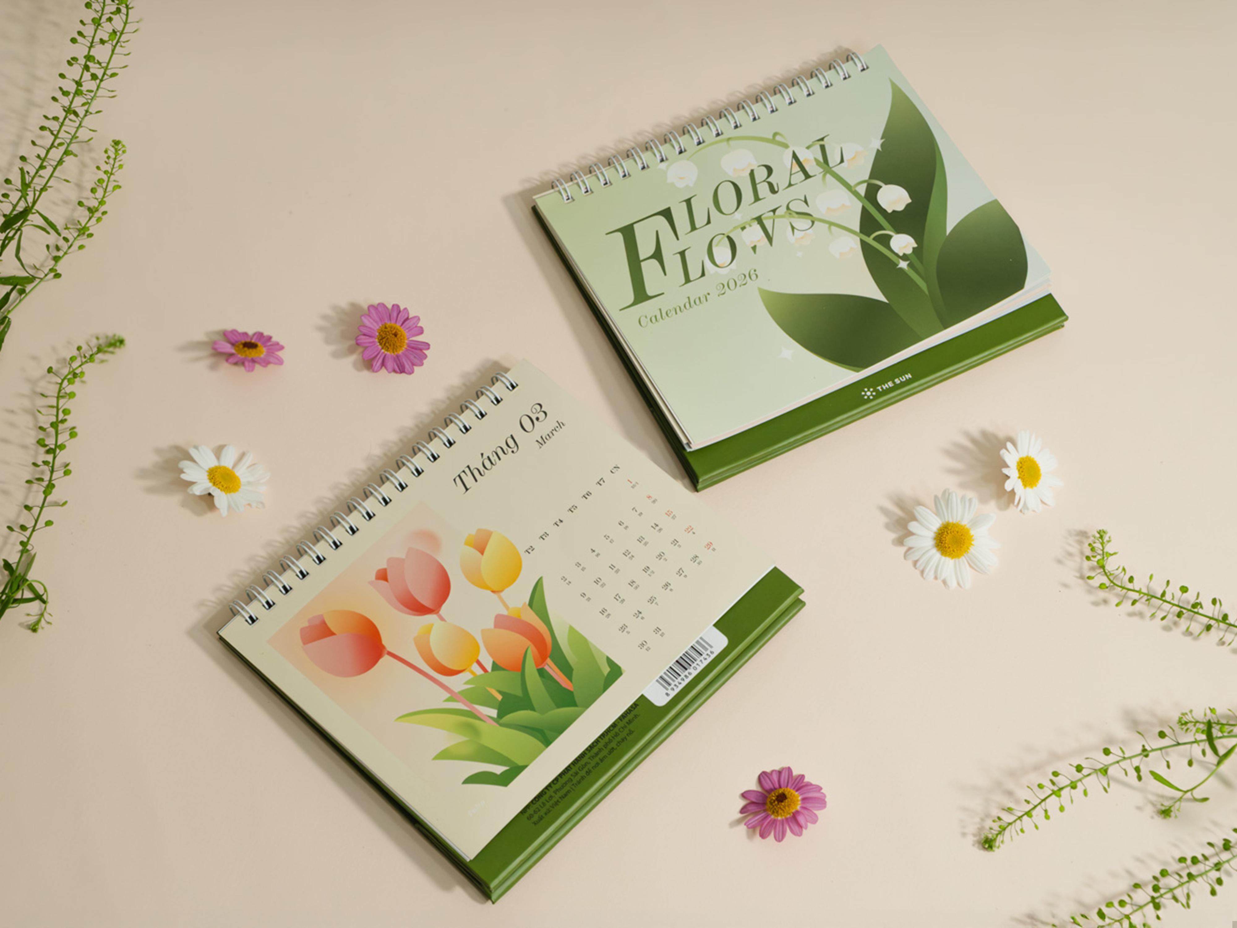 Lịch Bàn Chữ A 2026 - The Sun - Floral Flows