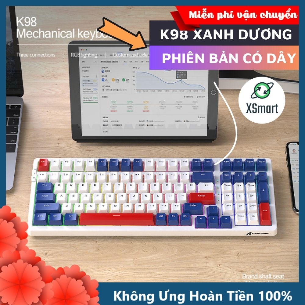 Bàn Phím Cơ Bluetooth Không Dây Full Size K98BT LED RGB VIP Gaming Shark Có HOTSWAP LÓT FOAM- Hàng Chính Hãng