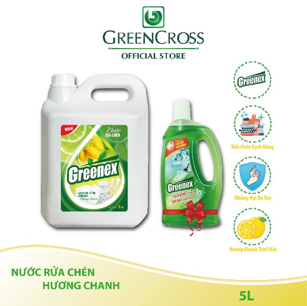 NƯỚC RỬA CHÉN GREENEX HƯƠNG CHANH TƯƠI - CAN 5L Tặng thêm 1 Chai lau sàn khử trùng Greenex 950ml