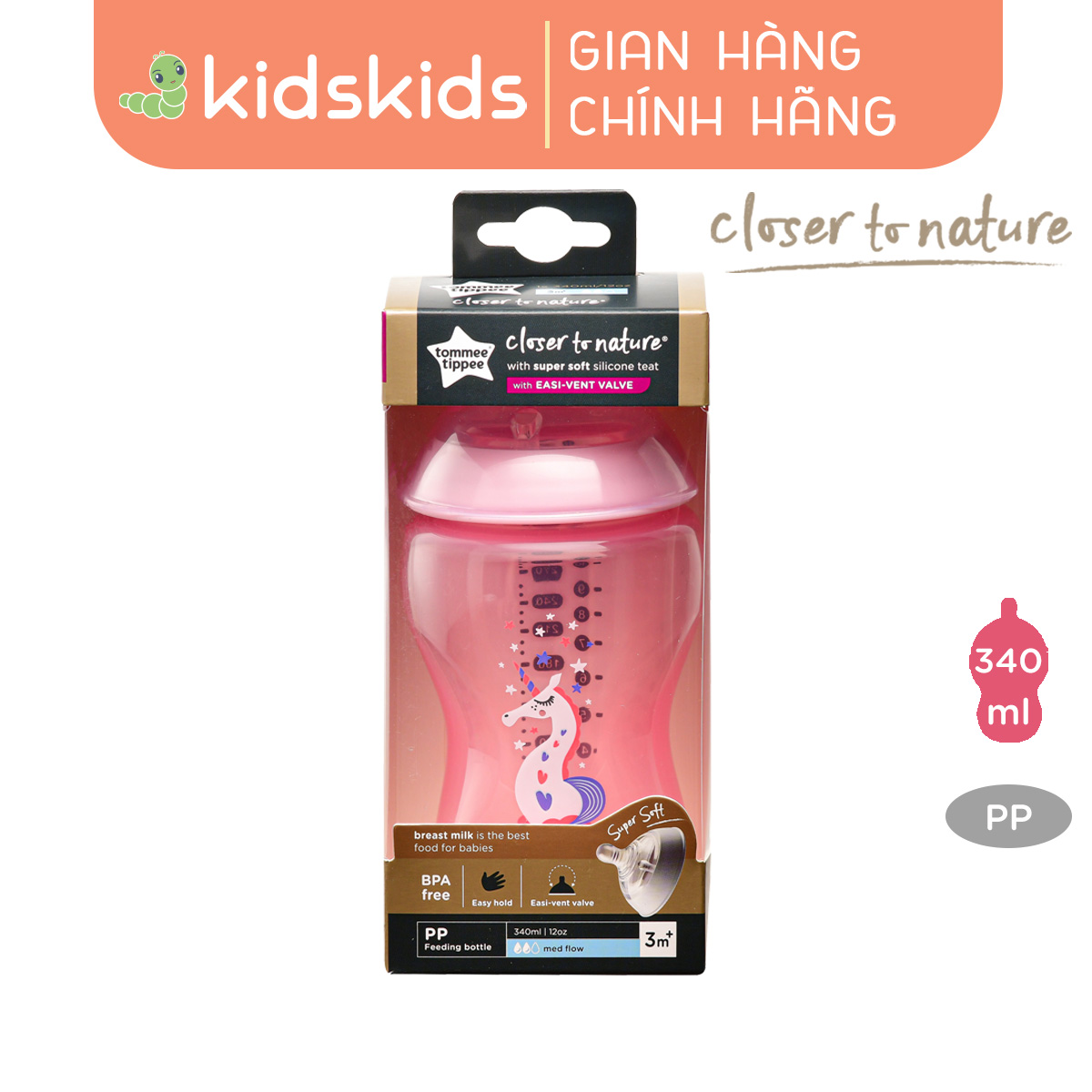 Bình sữa ty siêu mềm tự nhiên Tommee Tippee Closer to Nature 340ml, núm ty đi kèm 3-6 tháng - Hồng