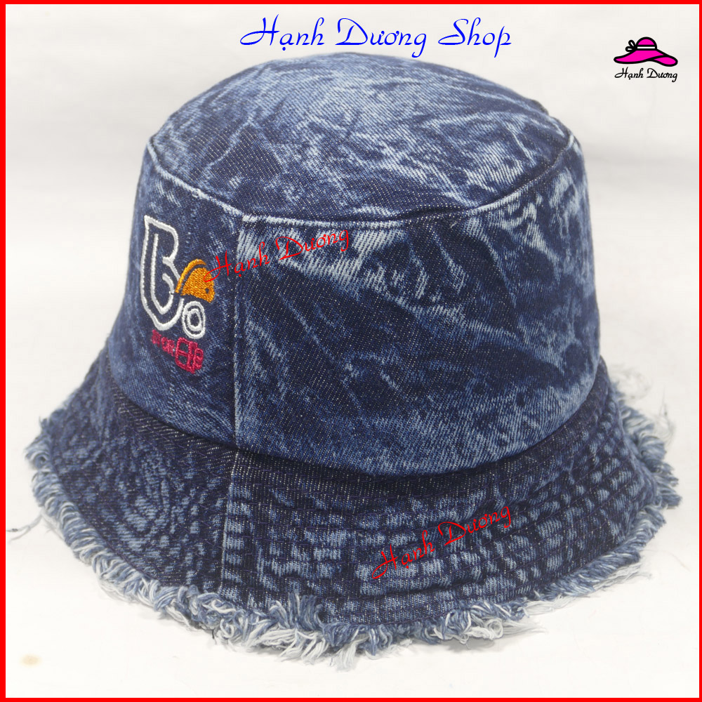 Mũ bucket jean viền rách tua rua thêu chữ B thời trang, phù hợp cho cả nam và nữ