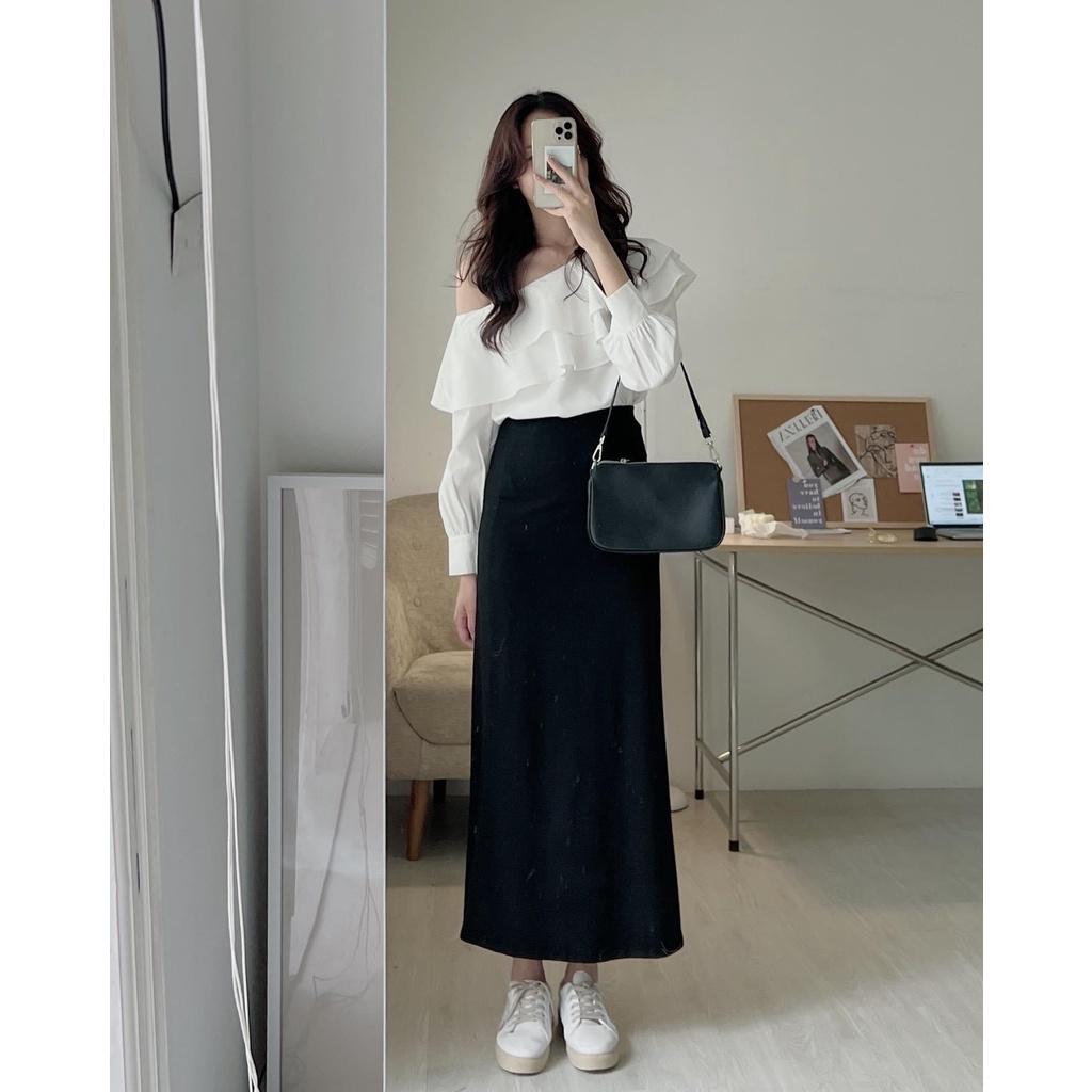 Chân váy midi dáng dài EMIX, váy thun trơn cạp cao, chữ A, ôm body, chấy umi co giãn Cv258