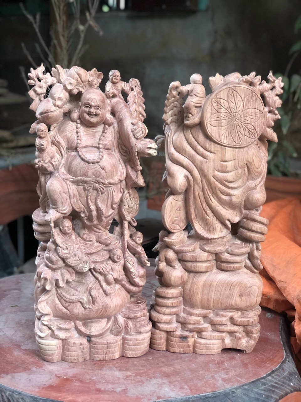 Tượng phật di lặc ngũ phúc bằng gỗ hương đá kt cao 80×35×18cm